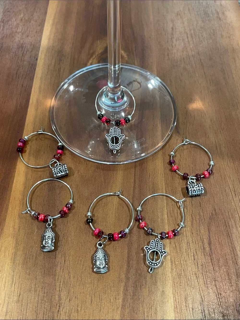 Hand Crafted Beaded Wine Glass Charms with Silver Hamsa & Buddha Charms